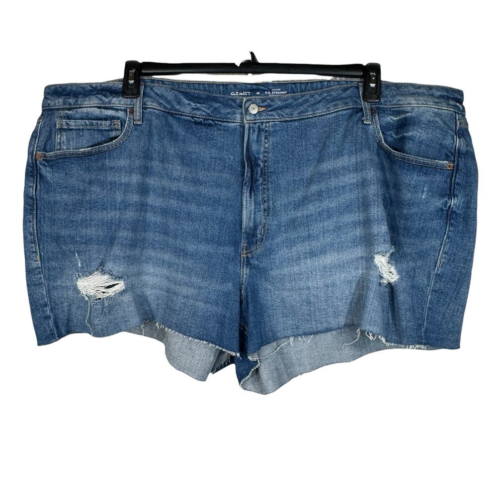 Old Navy SZ 28 O.G. Straight Jean Shorts Distressed Rips Hi-Rise Frayed Zip-Fly